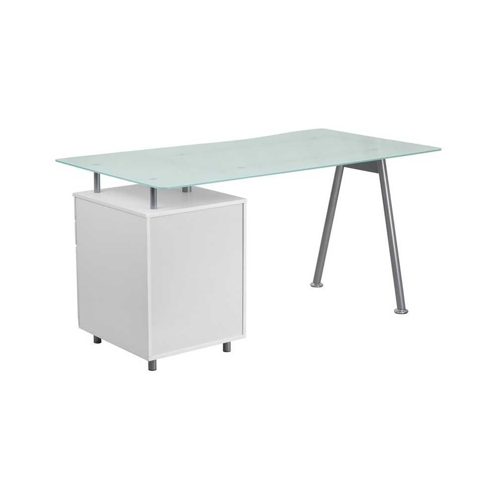 White Computer Desk with Glass Top and Three Drawer Pedestal