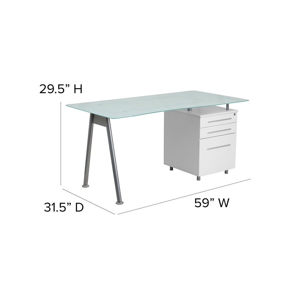 White Computer Desk with Glass Top and Three Drawer Pedestal