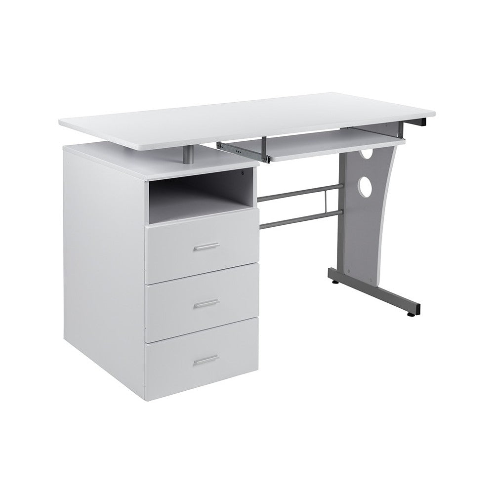 White Desk with Three Drawer Pedestal and Pull-Out Keyboard Tray