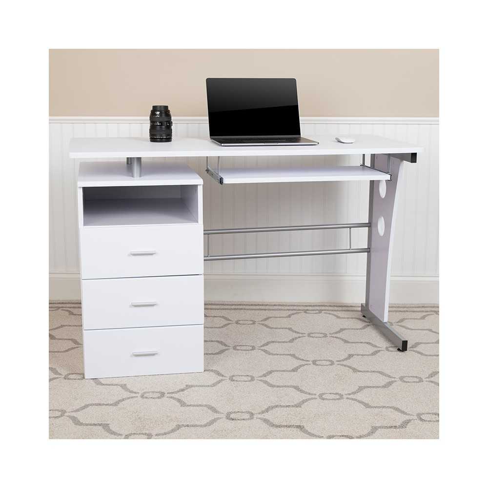 White Desk with Three Drawer Pedestal and Pull-Out Keyboard Tray