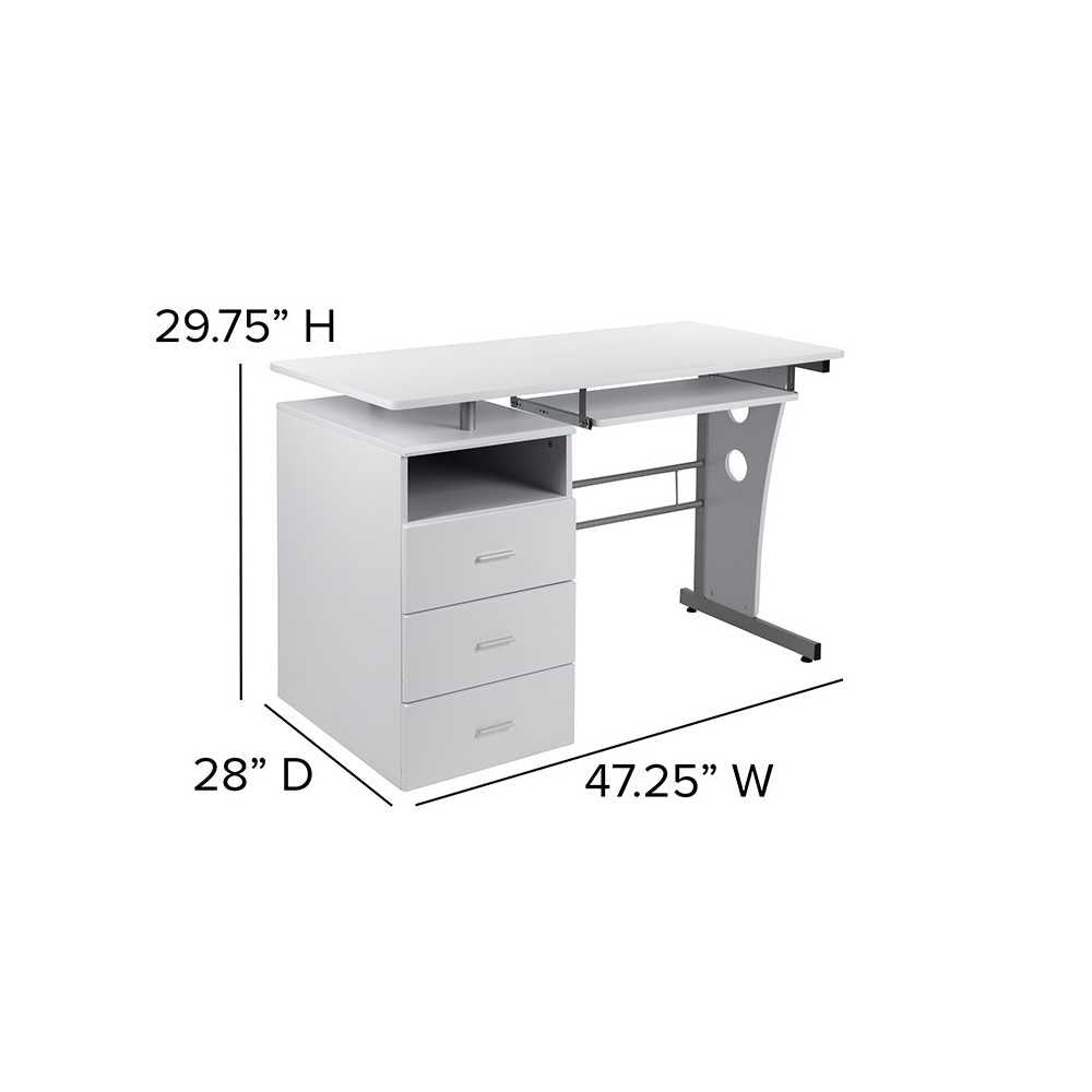 White Desk with Three Drawer Pedestal and Pull-Out Keyboard Tray