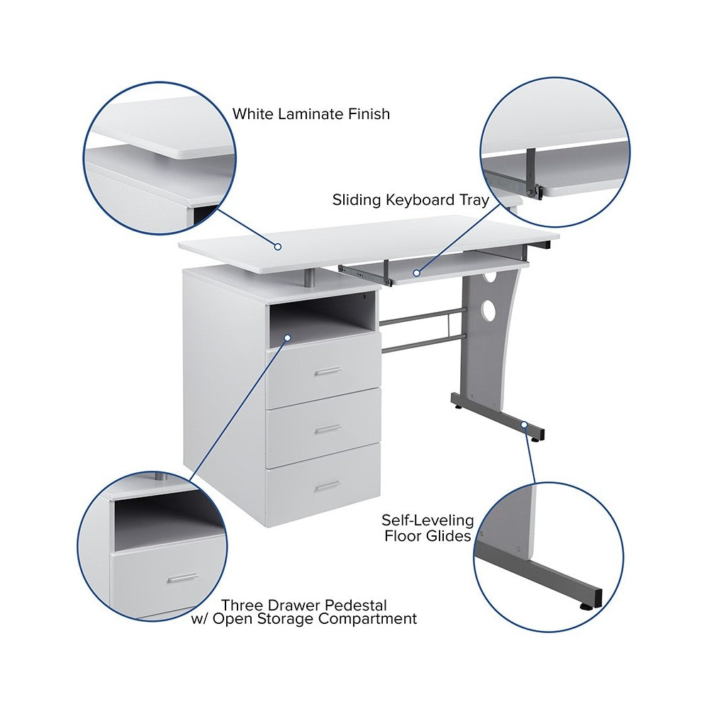 White Desk with Three Drawer Pedestal and Pull-Out Keyboard Tray