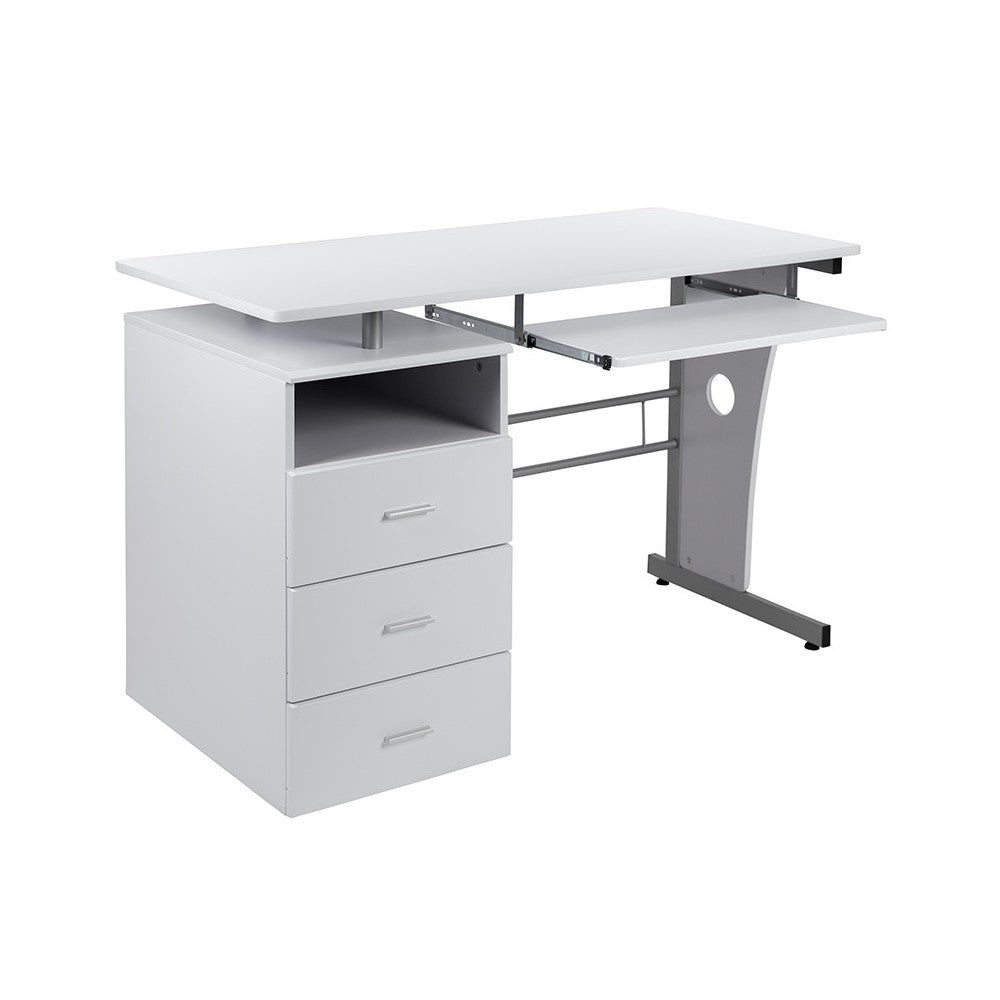 White Desk with Three Drawer Pedestal and Pull-Out Keyboard Tray