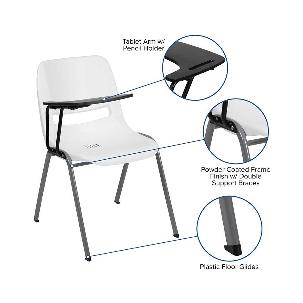 White Ergonomic Shell Chair with Right Handed Flip-Up Tablet Arm