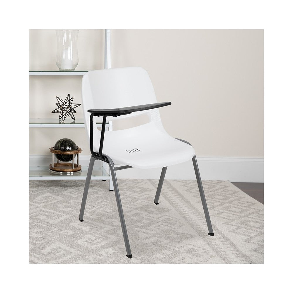 White Ergonomic Shell Chair with Right Handed Flip-Up Tablet Arm