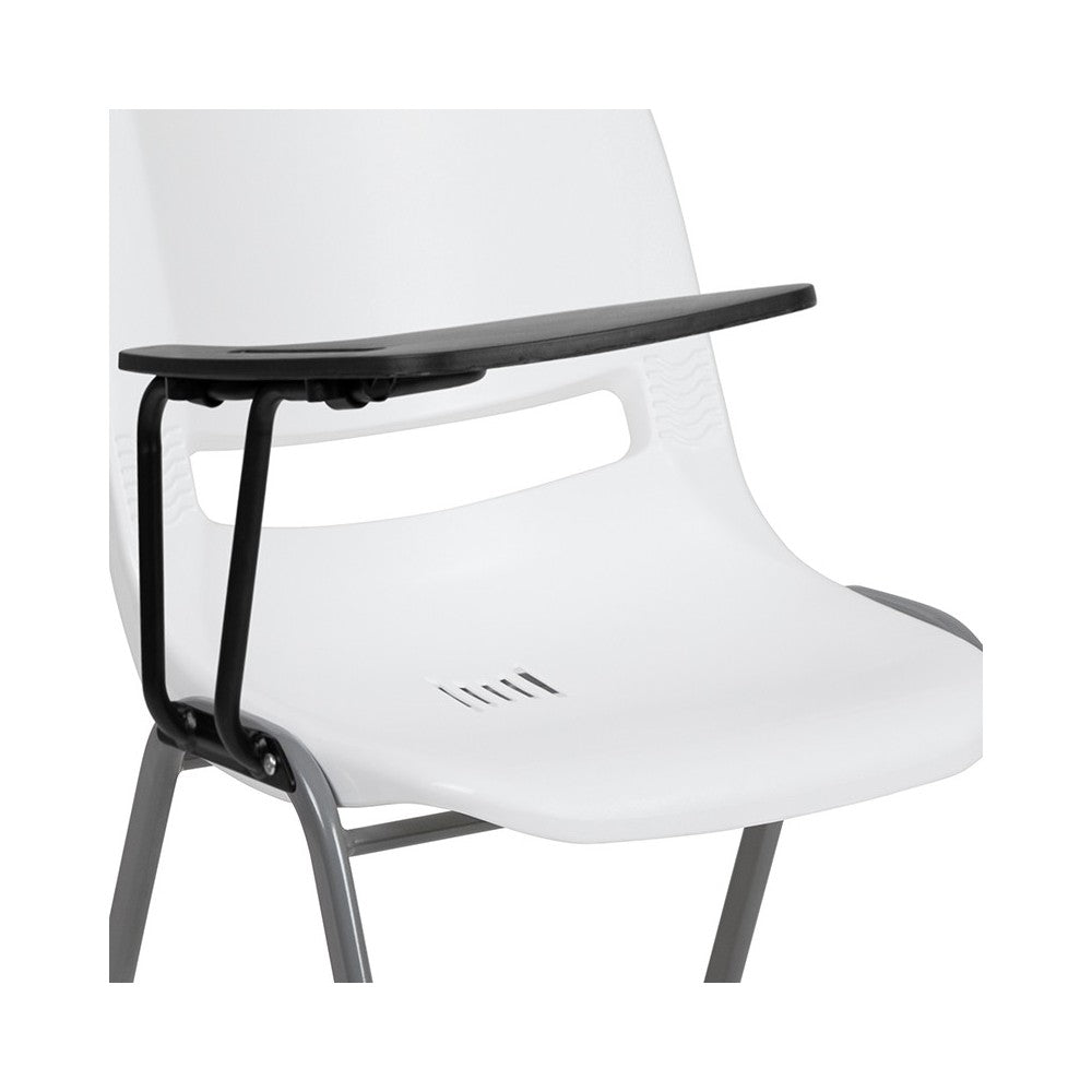 White Ergonomic Shell Chair with Right Handed Flip-Up Tablet Arm