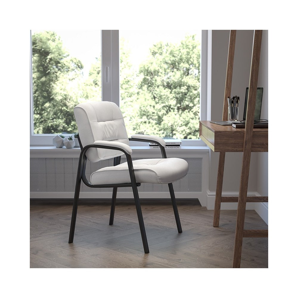 White LeatherSoft Executive Side Reception Chair with Black Metal Frame