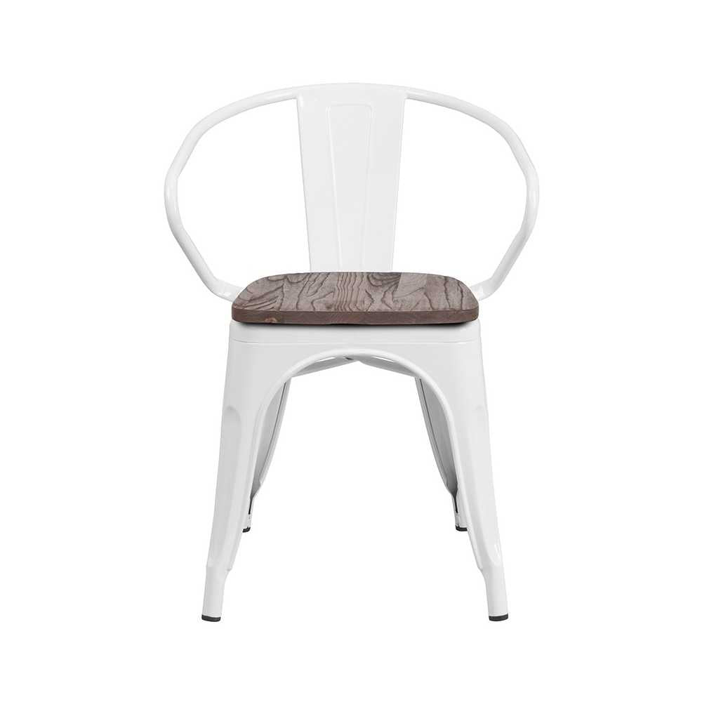 White Metal Chair with Wood Seat and Arms