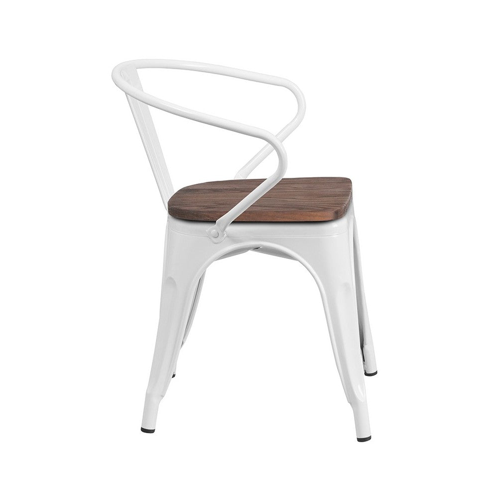 White Metal Chair with Wood Seat and Arms