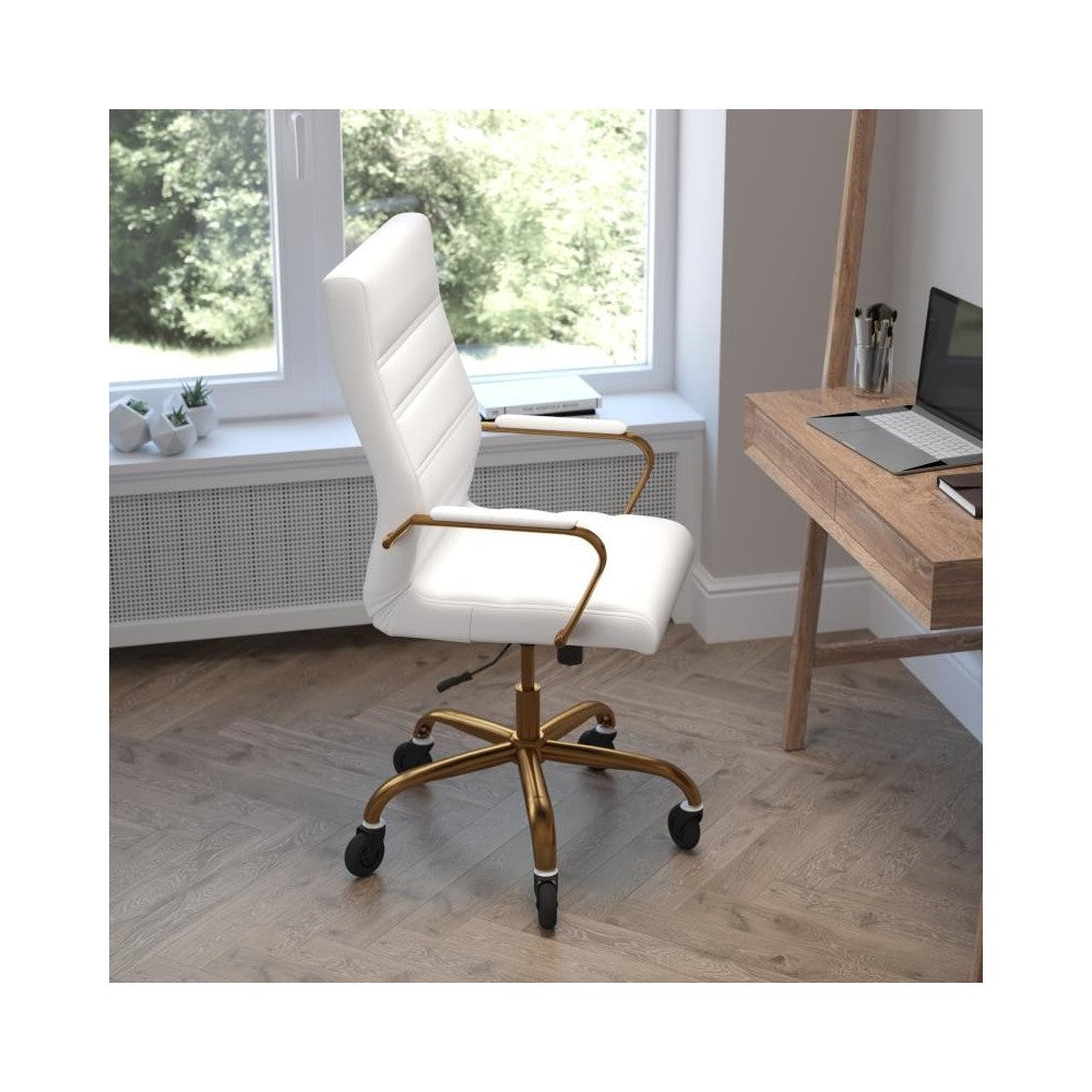 Whitney White LeatherSoft Executive Swivel Office Chair with Gold Frame