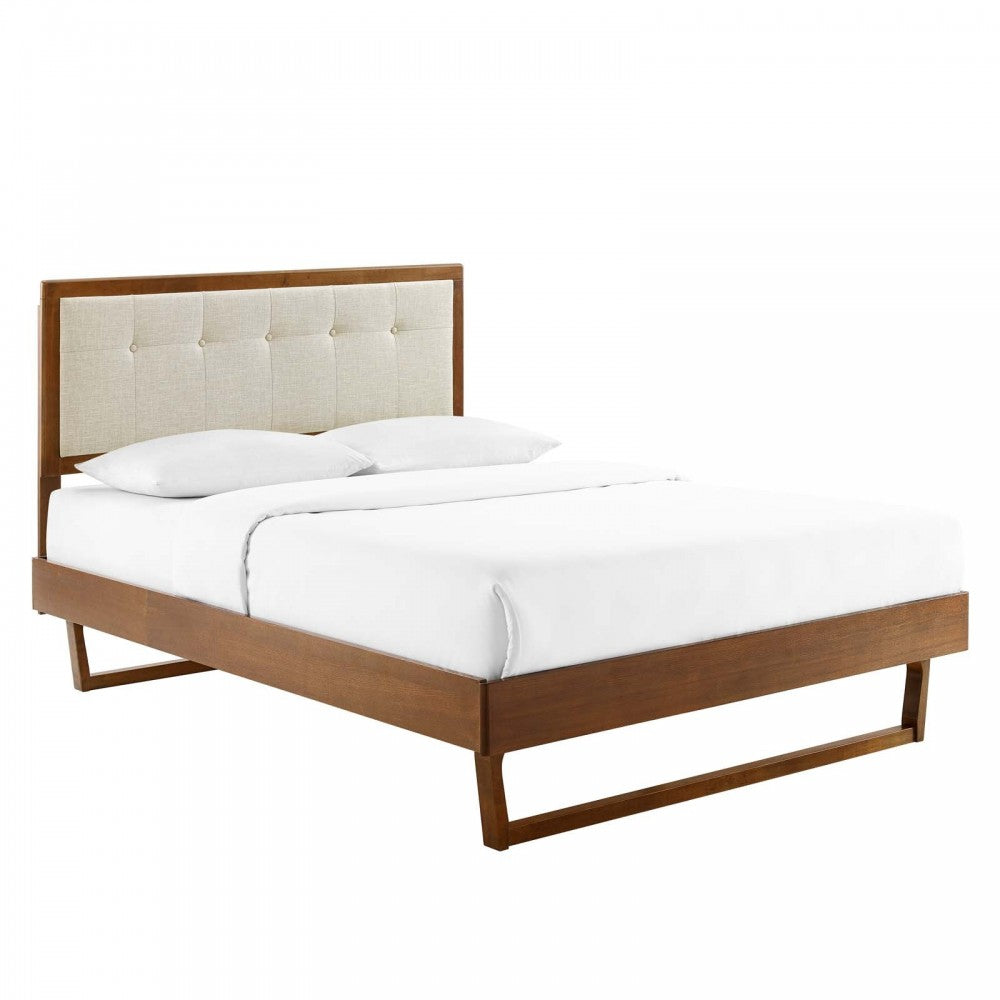 Willow Full Wood Platform Bed With Angular Frame, Walnut Beige