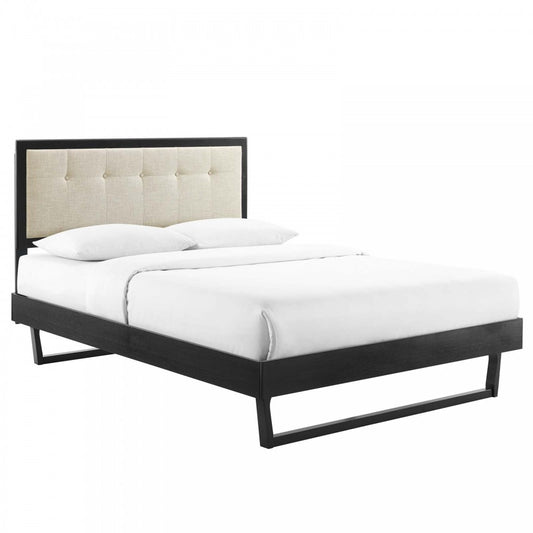 Willow Full Wood Platform Bed With Angular Frame, Black Beige