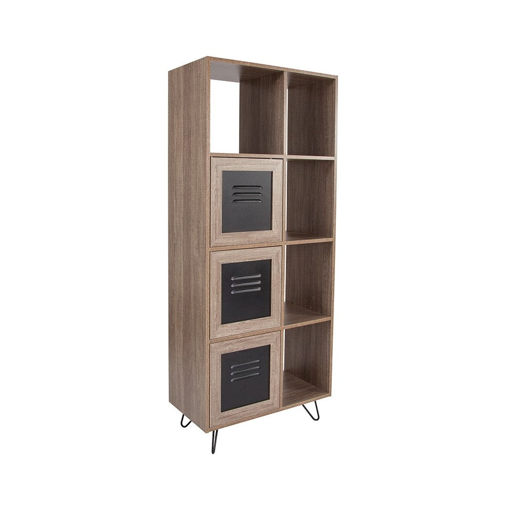 Woodridge Collection 63"H 5 Cube Storage Organizer Bookcase with Metal Cabinet Doors in Rustic Wood Grain Finish