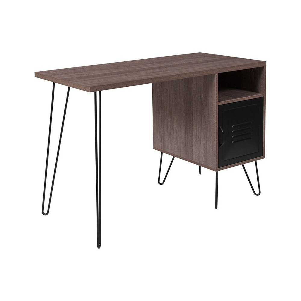 Woodridge Collection Rustic Wood Grain Finish Computer Desk with Metal Cabinet Door and Black Metal Legs