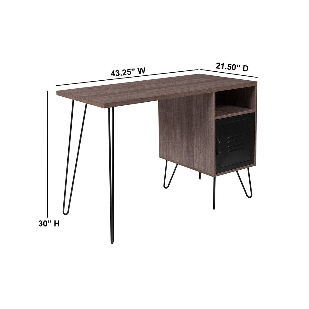 Woodridge Collection Rustic Wood Grain Finish Computer Desk with Metal Cabinet Door and Black Metal Legs