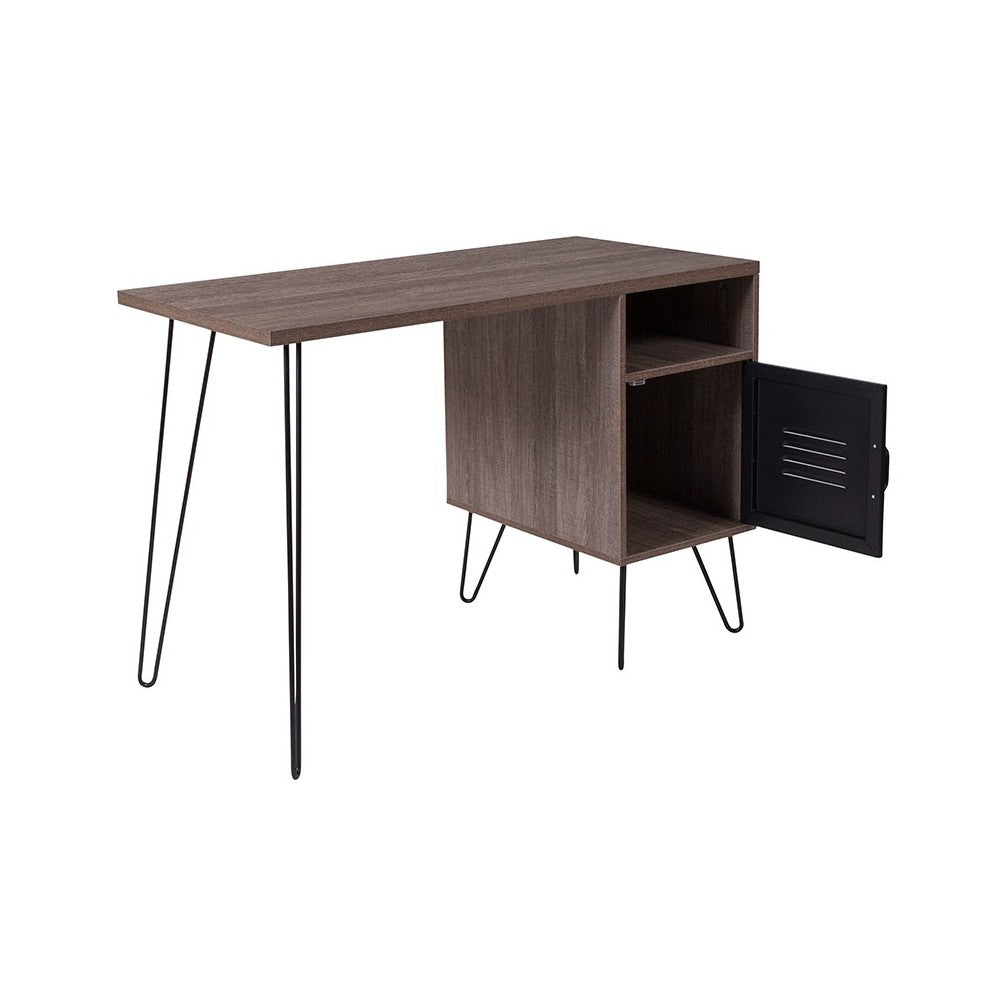 Woodridge Collection Rustic Wood Grain Finish Computer Desk with Metal Cabinet Door and Black Metal Legs