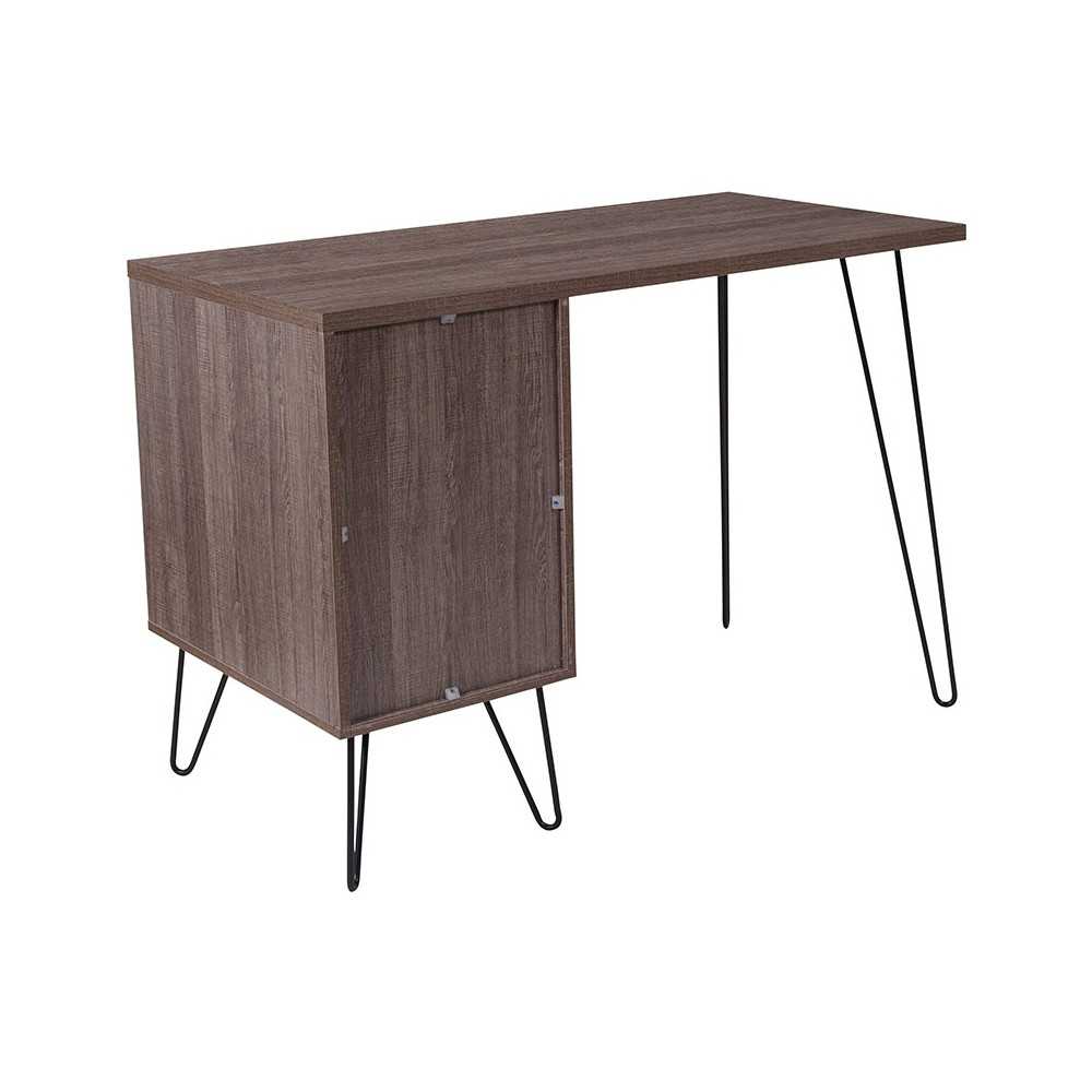 Woodridge Collection Rustic Wood Grain Finish Computer Desk with Metal Cabinet Door and Black Metal Legs