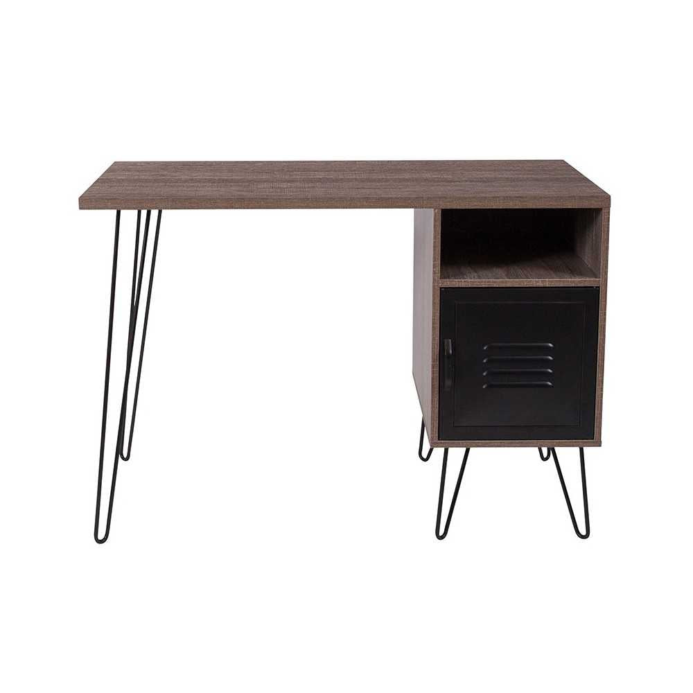 Woodridge Collection Rustic Wood Grain Finish Computer Desk with Metal Cabinet Door and Black Metal Legs