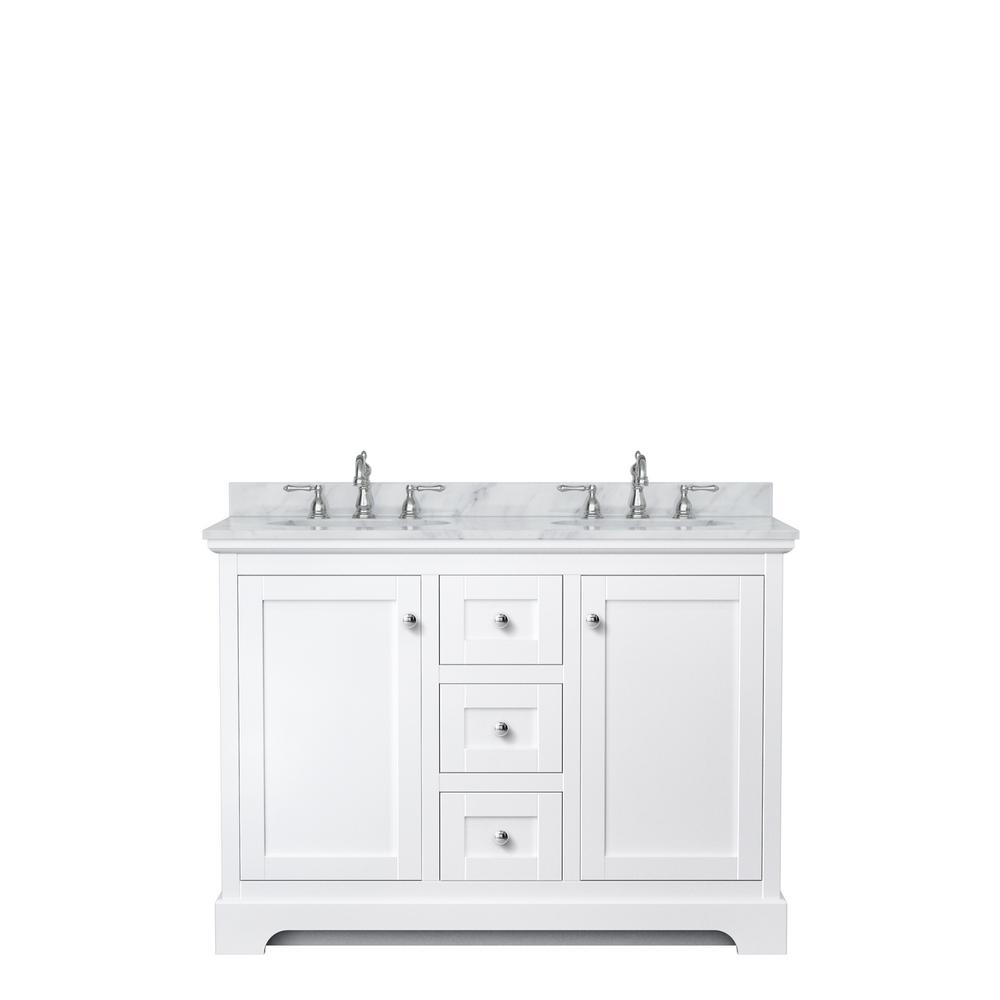 Avery 48 Inch Double Bathroom Vanity in White with White Carrara Marble Countertop and Undermount Oval Sinks