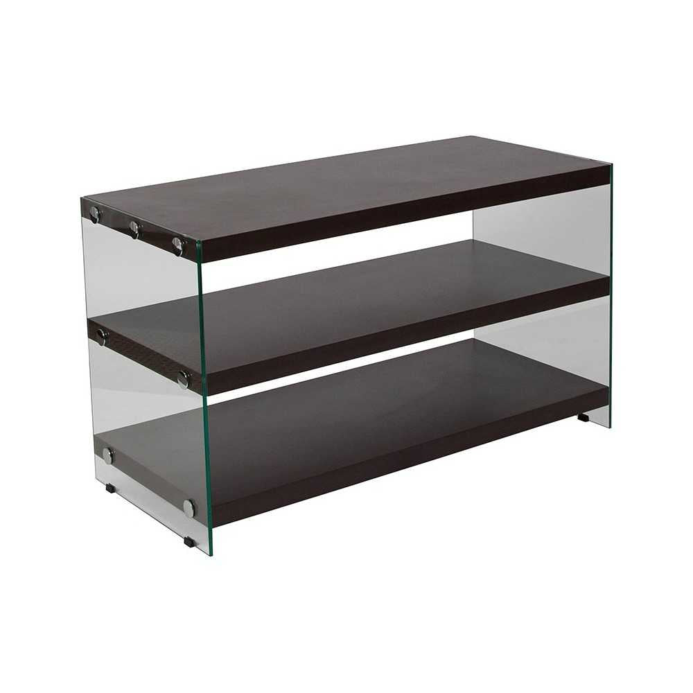 Wynwood Collection Dark Ash Wood Grain Finish TV Stand with Shelves and Glass Frame