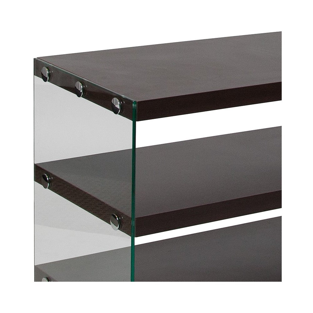 Wynwood Collection Dark Ash Wood Grain Finish TV Stand with Shelves and Glass Frame