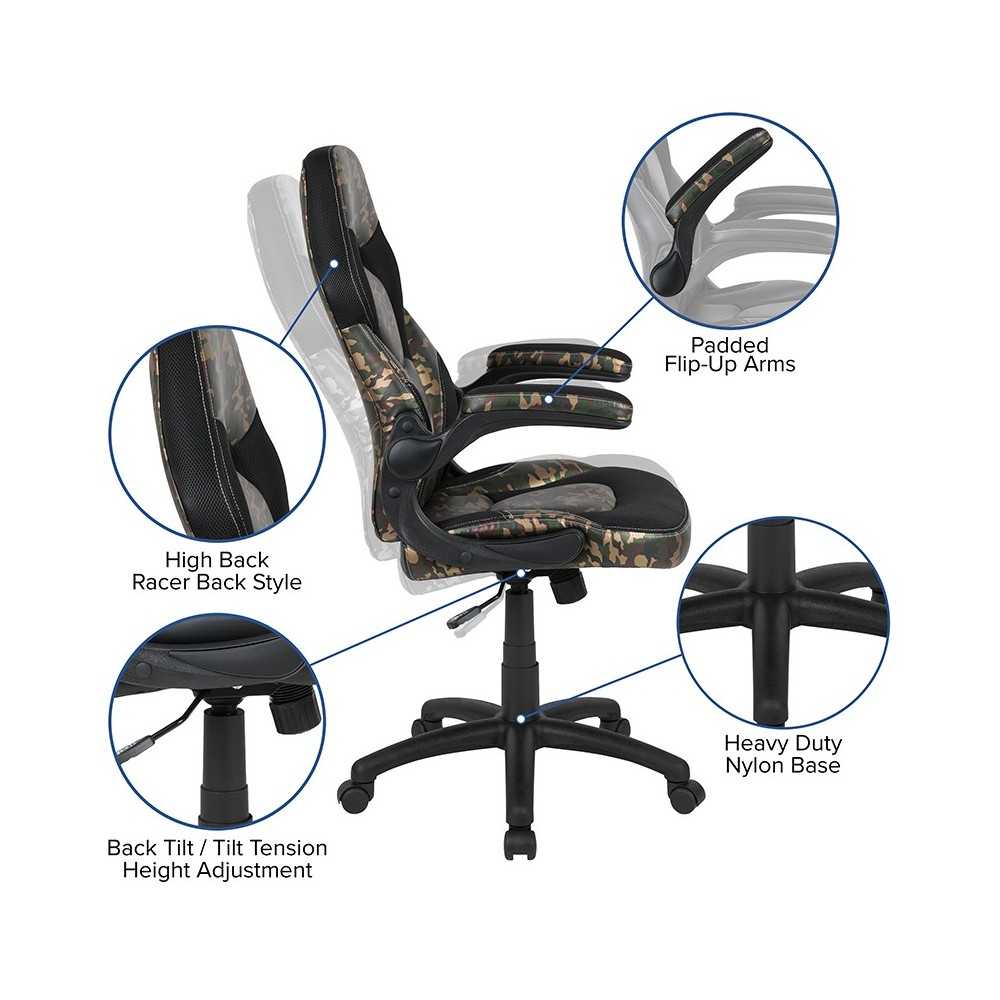X10 Gaming Chair Racing Office Ergonomic Computer PC Adjustable Swivel Chair with Flip-up Arms, Camouflage/Black LeatherSoft