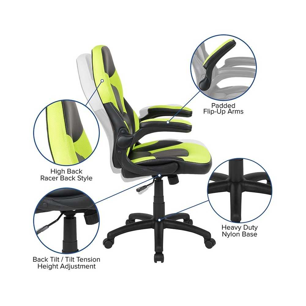 X10 Gaming Chair Racing Office Ergonomic Computer PC Adjustable Swivel Chair with Flip-up Arms, Neon Green/Black LeatherSoft