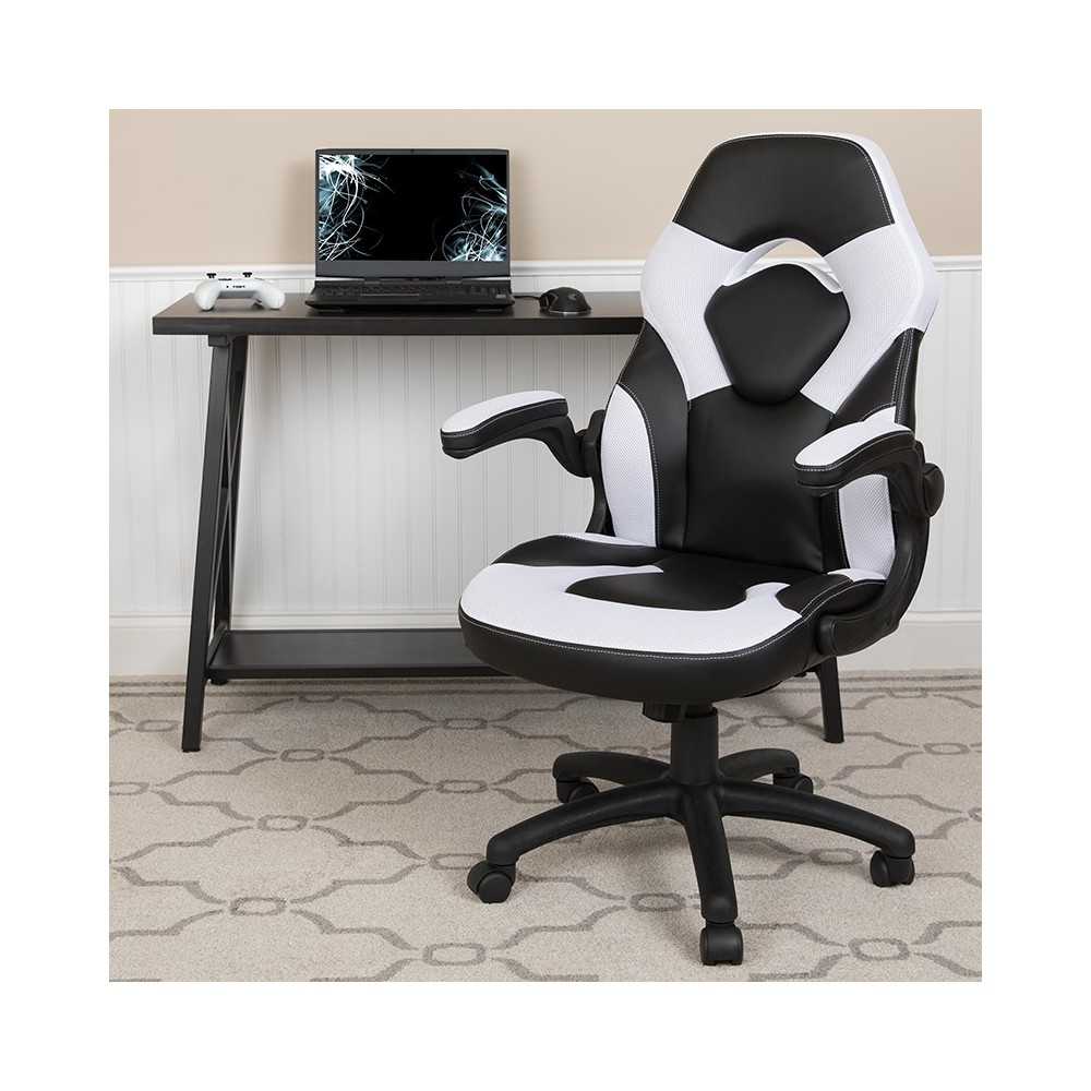 X10 Gaming Chair Racing Office Ergonomic Computer PC Adjustable Swivel Chair with Flip-up Arms, White/Black LeatherSoft
