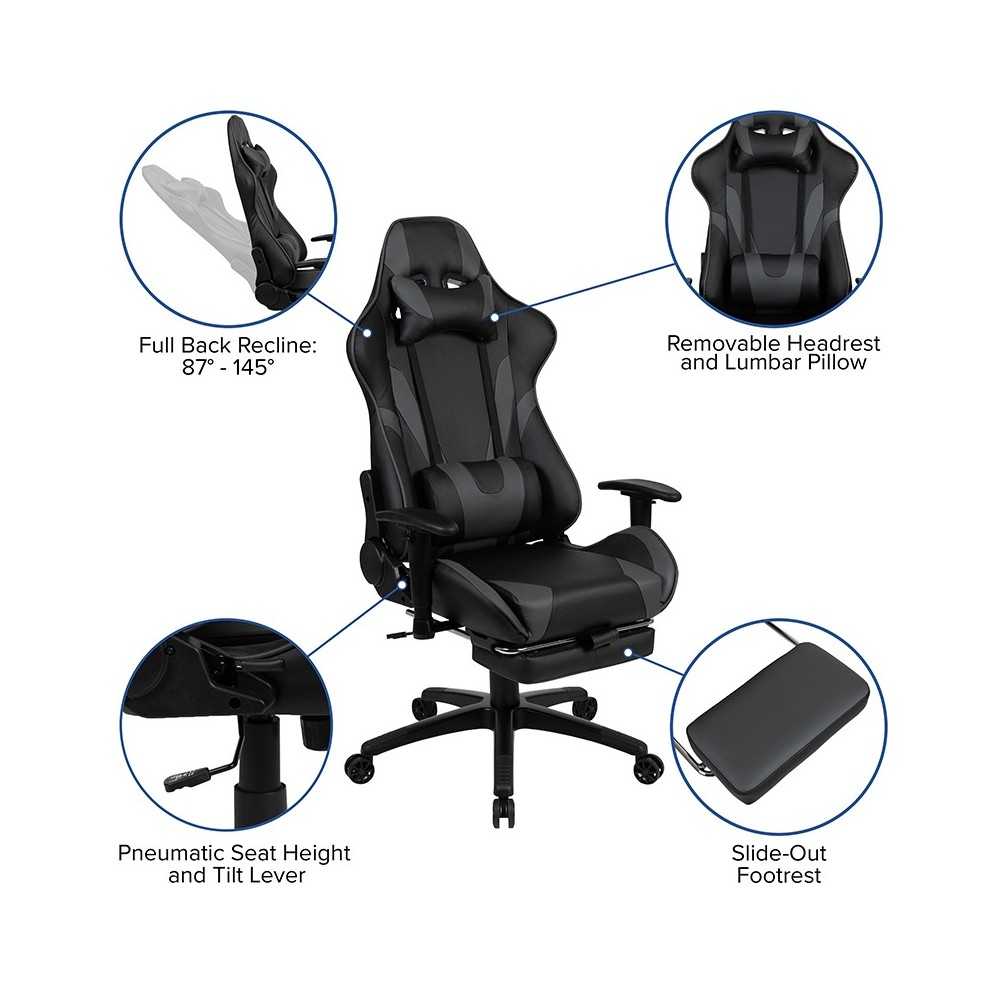X30 Gaming Chair Racing Office Ergonomic Computer Chair with Reclining Back and Slide-Out Footrest in Gray LeatherSoft