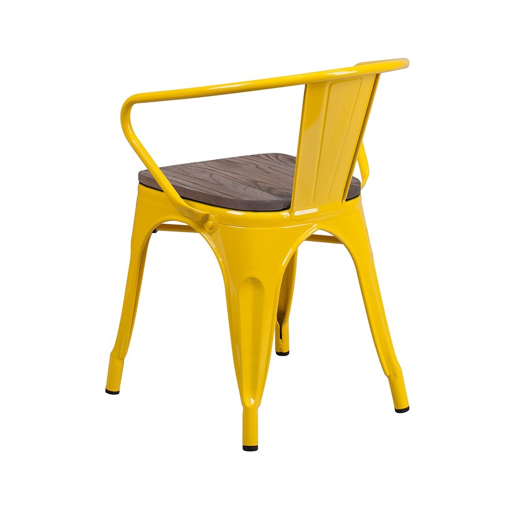 Yellow Metal Chair with Wood Seat and Arms