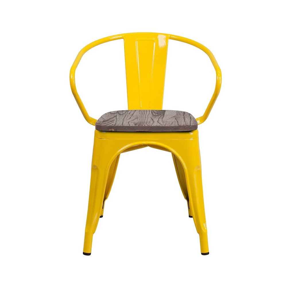 Yellow Metal Chair with Wood Seat and Arms