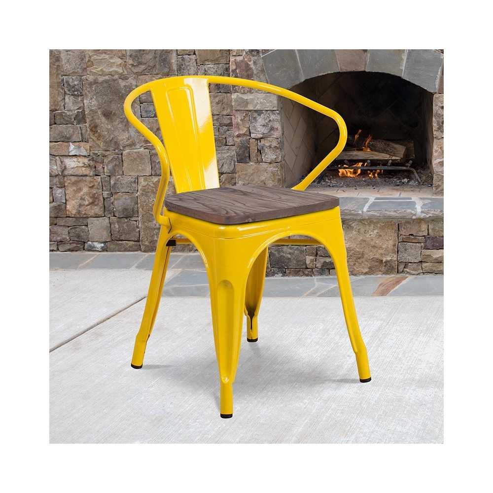 Yellow Metal Chair with Wood Seat and Arms