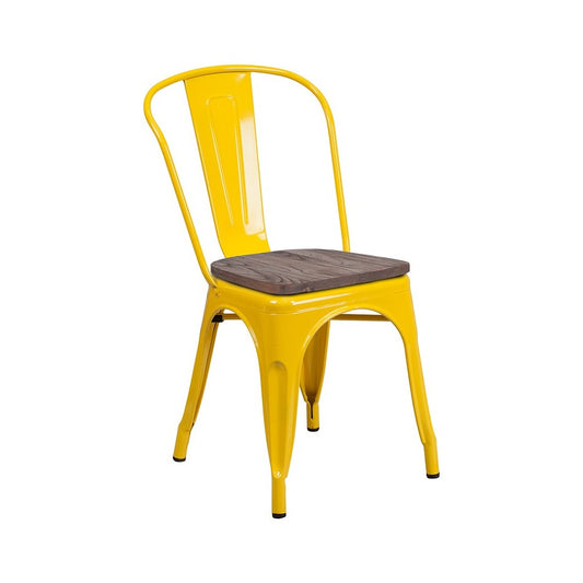 Yellow Metal Stackable Chair with Wood Seat