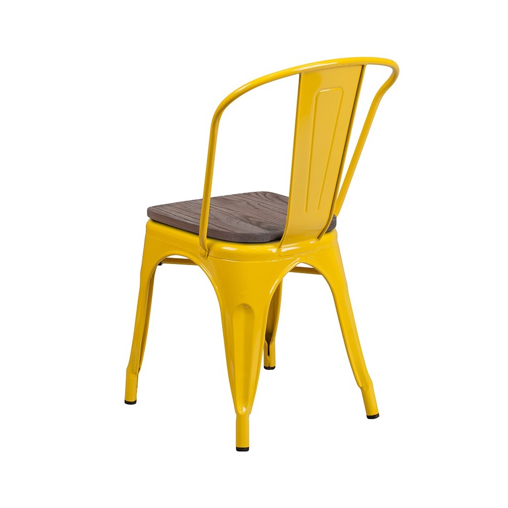 Yellow Metal Stackable Chair with Wood Seat