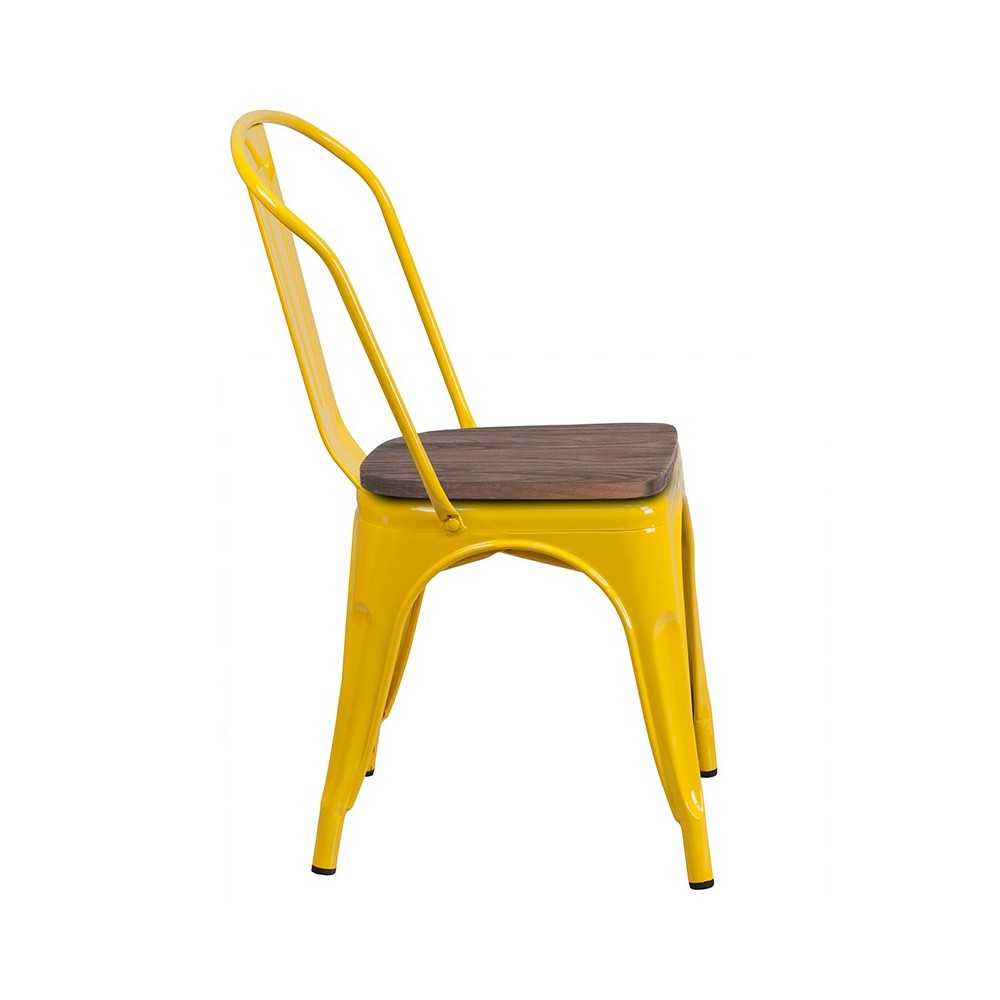 Yellow Metal Stackable Chair with Wood Seat