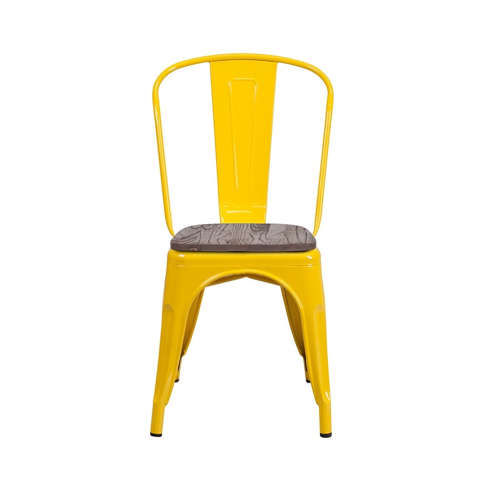 Yellow Metal Stackable Chair with Wood Seat