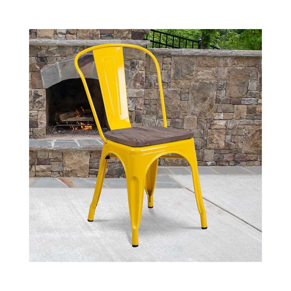 Yellow Metal Stackable Chair with Wood Seat