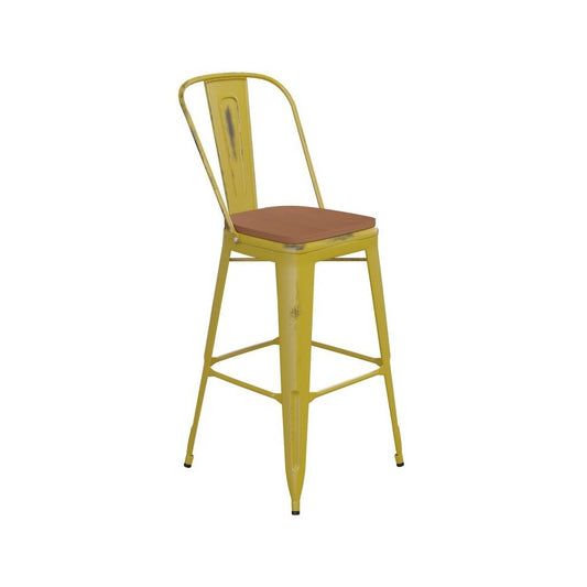 Yellow Metal Stool-Teak Seat