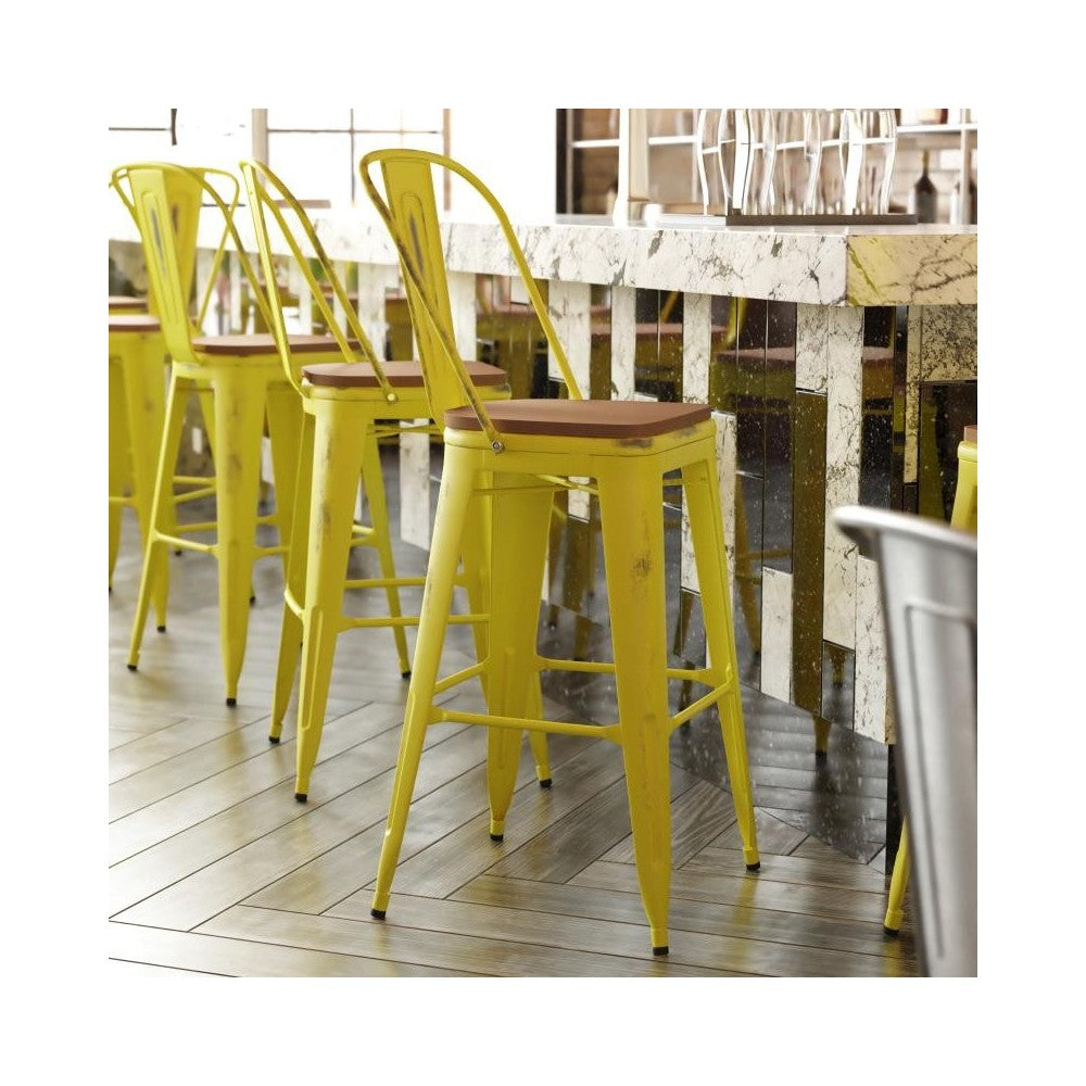 Yellow Metal Stool-Teak Seat