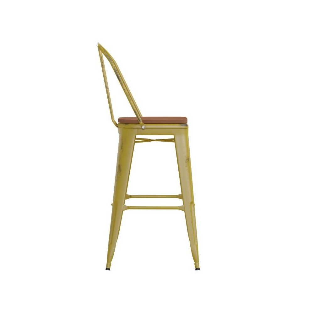 Yellow Metal Stool-Teak Seat