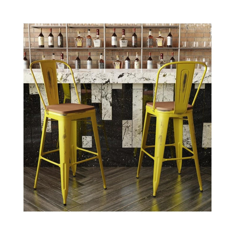 Yellow Metal Stool-Teak Seat