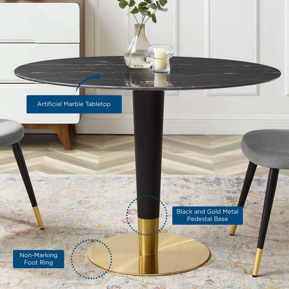 Zinque 42" Oval Artificial Marble Dining Table, Gold Black