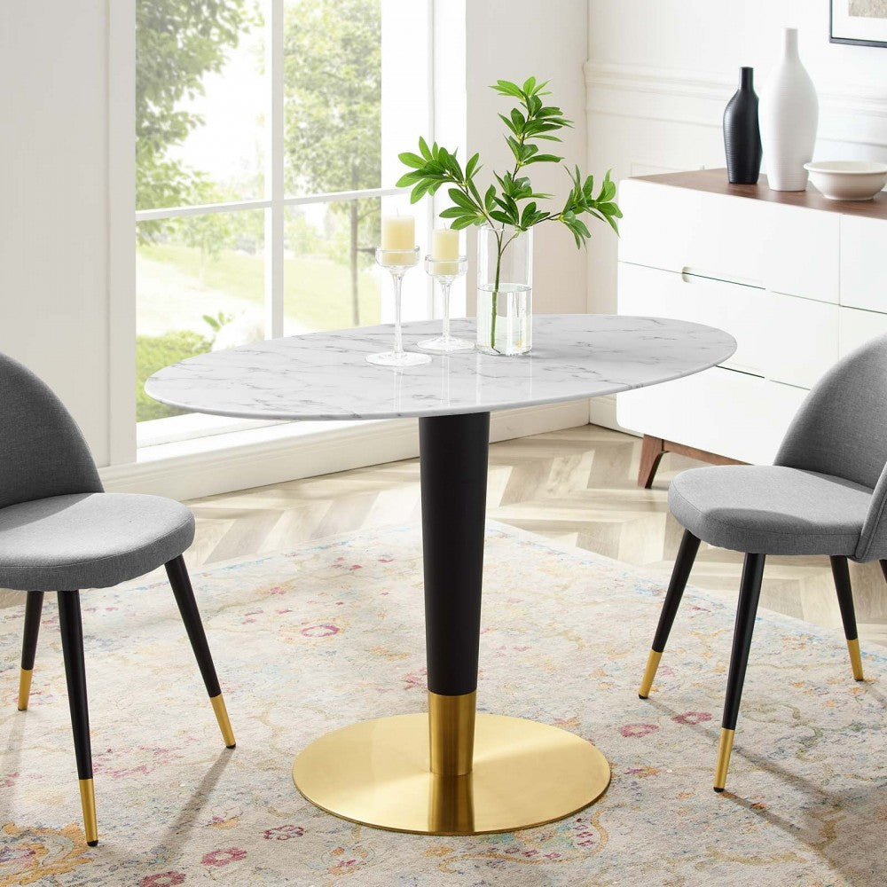 Zinque 48" Oval Artificial Marble Dining Table, Gold White