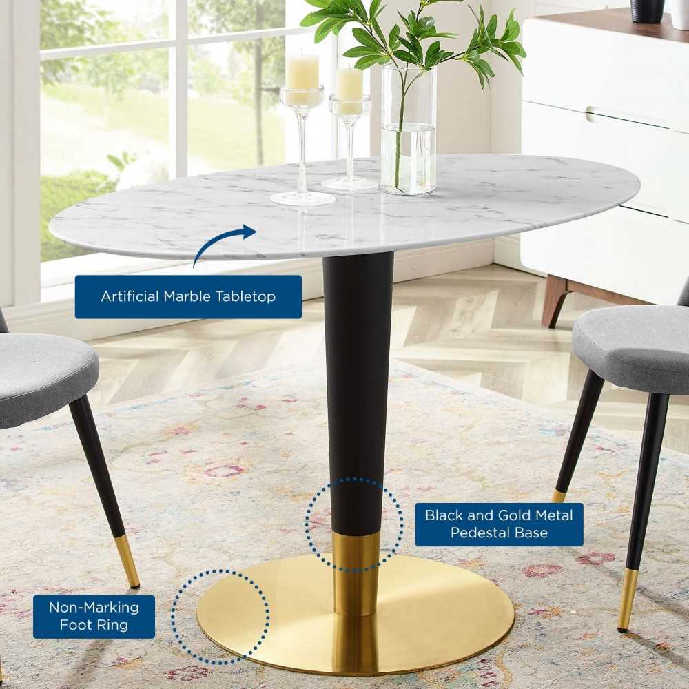 Zinque 48" Oval Artificial Marble Dining Table, Gold White