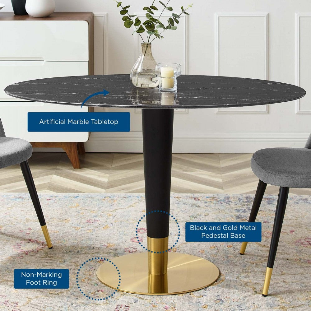 Zinque 48" Oval Artificial Marble Dining Table, Gold Black