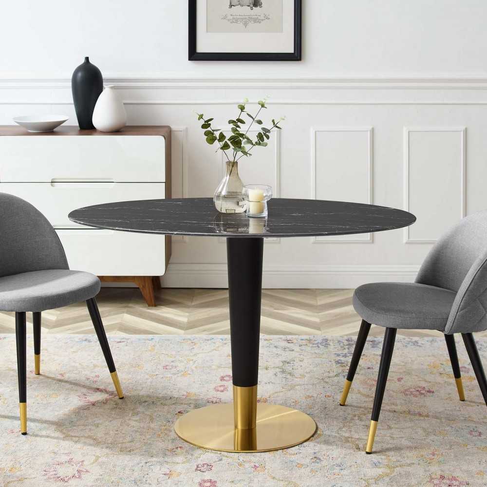 Zinque 48" Oval Artificial Marble Dining Table, Gold Black